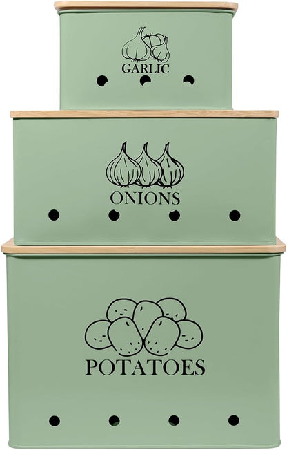 Kitchen Vegetable Storage Tins Set of 3 for Potato Onion & Garlic with Wooden Lid and Aerating Holes, Kitchen Storage Canisters Set, Vintage Kitchen Decor - Green