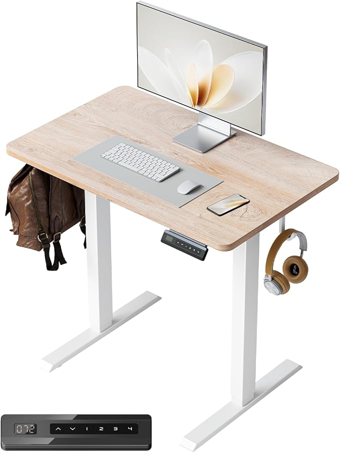 FEZIBO One-Piece Standing Desk Adjustable Height Stand up Home Office Desk, 32x20 Inch Electric Standing Computer Desk, with 4 Memory Presets, Headphone Hook, Maple