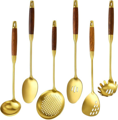 18/10 Stainless Steel Kitchen Utensils Set with Wood Handle Metal Cooking Utensils Set, 6-Piece - Spatula, Spoon, Ladle, Skimmer, Slotted Spoon, Pasta