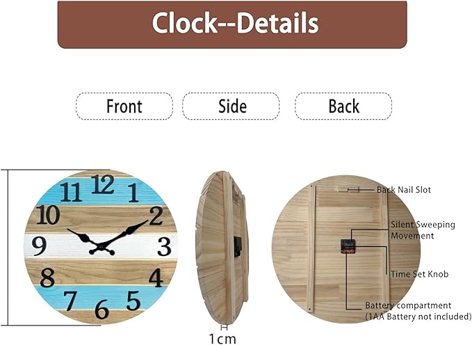 Solid Wood Wall Clocks Battery Operated 12 Inch Blue Rustic Wall Clocks for Living Room Decor Analog Farmhouse Wall Clock Non Ticking