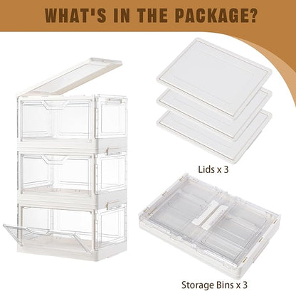 Freebat Stackable Plastic Storage Bins with Lids, Foldable Closet Organizers and Storage, 3 Drawer Storage Organizer，Clear Stackable Containers for Wardrobe,Bedroom,Office,Dorm