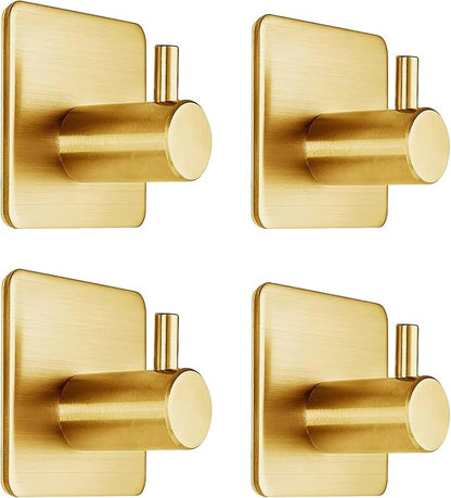Gold Adhesive Towel Hooks Heavy Duty Stick on Wall Hooks Shower Hooks for Bathroom Kitchen Door-4 Packs
