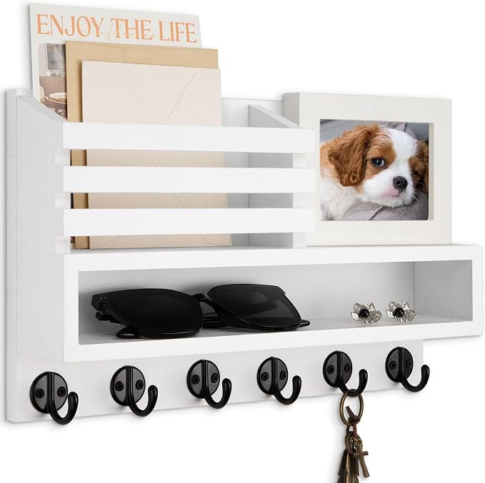 Key and Mail Holder Wall Mount, Key Hanger with Long Storage Box and Key Hooks for Coat, Dog Leash, Home Decor Rack, House Accessories, Entry Way Organizer