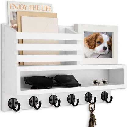 Key and Mail Holder Wall Mount, Key Hanger with Long Storage Box and Key Hooks for Coat, Dog Leash, Home Decor Rack, House Accessories, Entry Way Organizer