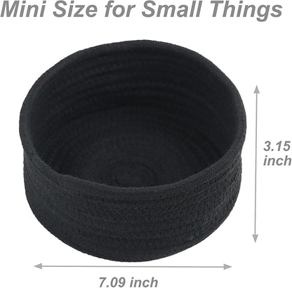 Small Basket, Set of 3 Woven Baskets, Cotton Rope Small Baskets for Organizing, Cute Mini Tiny Storage Basket for Gifts, Decorative Boho Round Bathroom Organization Bin (Black)