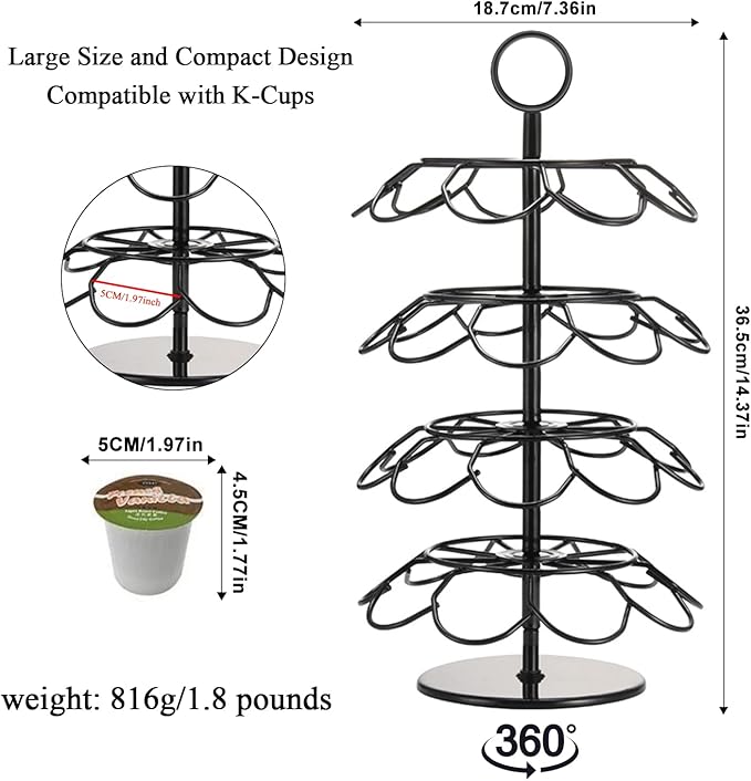 Coffee Pod Carousel Holder,Compatible with K-Cups Organizer Compatible with 36 Cup Pods,Spins 360-Degrees