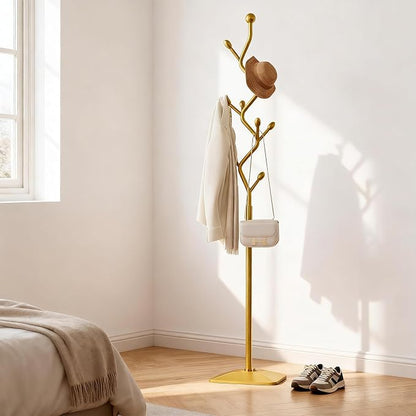 Tree-shaped coat rack stand,Metal coat tree with 8 Hooks and sturdy cast iron base,Heavy Duty coat rack freestanding coat hanger stand for Clothes Hats Scarfs Purses (gold)