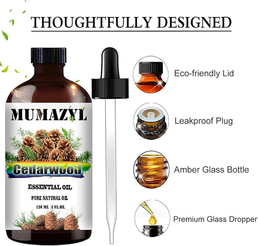 Cedarwood Essential Oil, Cedarwood Oil 4 Fl Oz 120ML for Diffuser Humidifier Yoga Cleaning DIY Candle Soap Making MUMAZYL Essential Oils