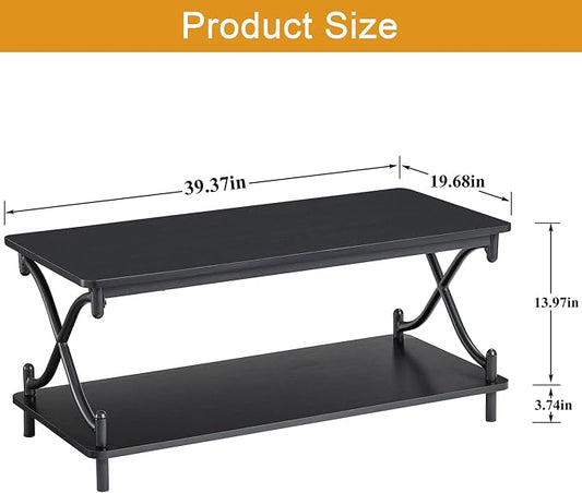 VECELO Coffee Table for Living Room with Round Corners Modern Farmhouse Center Table with Storage Shelf for Home Office 39 Inch, Easy Assembly, Glossy Black