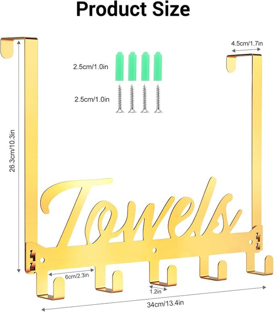 Azmoncy Over The Door Hooks, Towel Rack Towel Hooks for Bathroom, Towel Holder for Hanging Heavy Duty, Door Rack Over Door Hanger with 5 Coat Hooks for Bedroom Bathroom Kitchen（Light Gold）