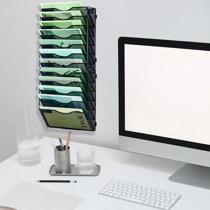 12 Tier Mesh Hanging File Organizer Vertical Wall File Organizer Wall File Holder for Office School Home, Black