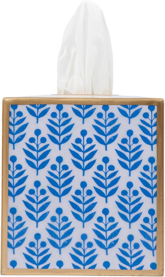Jaye’s Studio Lottie Decorative Blue Tissue Box Cover Square, Bottomless Enameled Metal Decorative Tissue Holder for Bathroom, Bedroom Vanity, Office, Handpainted Blue and White Floral Bathroom Decor