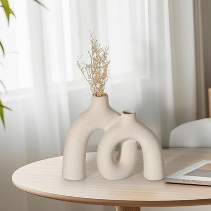 CEMABT Modern Nordic Boho Vase Set - Elegant Beige Matte Ceramic Home Decor for Living Room, Bookshelf, Mantel, Entryway Table & Console Décor | Shelf Decorations Gift