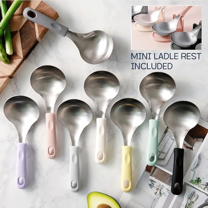 KKU-MIM Wide Head Serving Spoon with Silicon Handle, 8 inch, Stainless Steel, Includes Silicon Matching Rest, Modern Style, Various Color Available (Black)