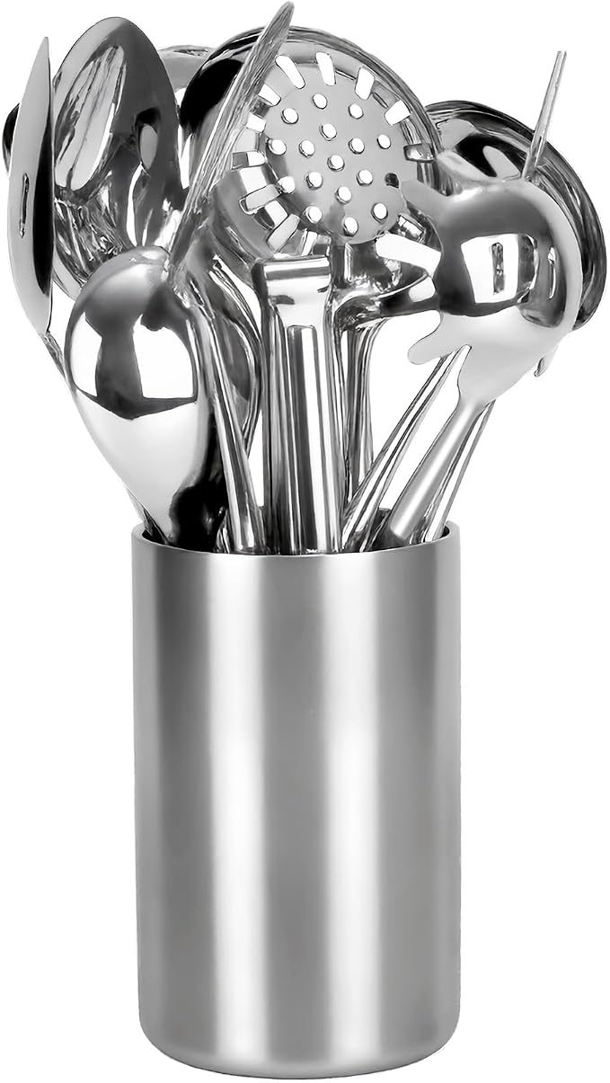 304 Stainless Steel Cooking Utensils Set for Stainless Steel Sleek Kitchen Utensil Holder, 12 PCS Large Metal Cooking Utensil Tools Set with Holder,Fork,Spatulas,Spoons,Skimmer,Ladle,Pasta Server,Tong