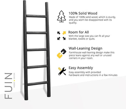 FUIN 57in Wood Blanket Ladder Living Room Decorative Wall Leaning Farmhouse Quilt Display Holder Rustic Wooden Towel Rack for Bathroom, Black
