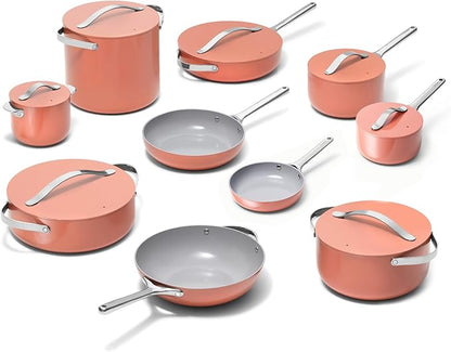 Caraway 24-Piece Nonstick Ceramic Cookware Set - Includes Fry Pans, Sauce, Sauté Pan, Dutch Oven, Petite Cooker, Stir Fry, Rondeau, Stock Pot, Lids & Storage Organizers - Perracotta