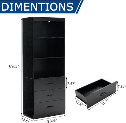 Tall Bookshelf with 3 Open Shelves and 3 Drawers, Wooden Bookcase with Storage Cabinet for Living Room, Bedroom, Home Office, Black