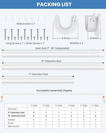 Supforce 3 PACK Closet Rods for Hanging Clothes, 17 to 39 Inches Stepless Adjustable Metal Closet Rod, 1.3 Inches Heavy Duty Clothes Hanging Rod for Closet Wardrobes Laundry RV, White