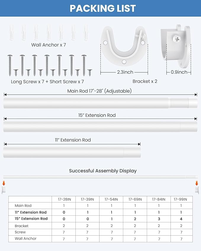 Supforce 2 PACK Closet Rods for Hanging Clothes, 17 to 54 Inches Stepless Adjustable Metal Closet Rod, 1.3 Inches Heavy Duty Clothes Hanging Rod for Closet Wardrobes Laundry RV, White