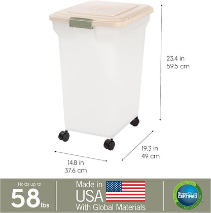 IRIS USA Dog Food Storage Container 58 lbs, Attachable Wheels, for Dog Cat Birds and other Pets, Food Storage Bin, Keep Fresh, Easy Mobility, BPA Free - Made in the USA, Almond/Pearl