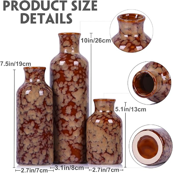 Ceramic Vase Set - 3 Crack Brown Small Vases, Farmhouse Country Flower Vase Home Decor, Living Room Decoration, Table Decoration, Fireplace Decor, and Entrance Decorations Centerpieces