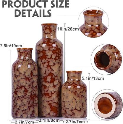Ceramic Vase Set - 3 Crack Brown Small Vases, Farmhouse Country Flower Vase Home Decor, Living Room Decoration, Table Decoration, Fireplace Decor, and Entrance Decorations Centerpieces