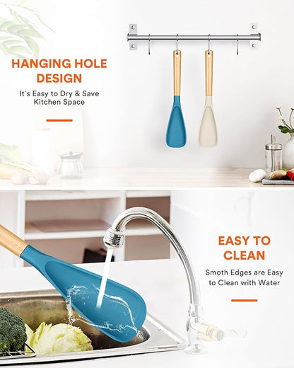 Cooking Spoon for Nonstick Cookwares, Great for Cooking and Serving Sturdy BPA-Free Matte Silicone, Wood Handle Spoon for Mixing, Scoop, and Scrape (Khaki & Turquoise, 13.4 inch)