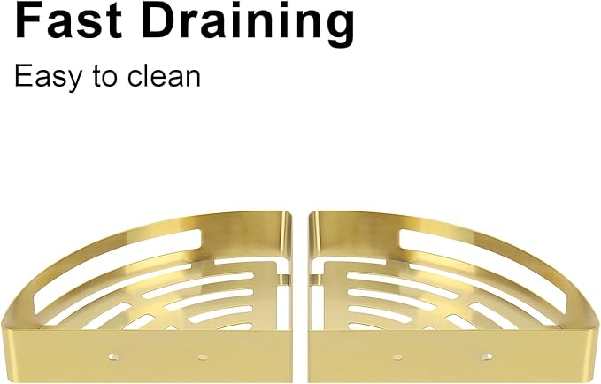 NearMoon Bathroom Shower Caddy 2 Pack, No Drill 304 Stainless Steel Shower Organizer with 2 Hooks (Corner Shelf, Gold)