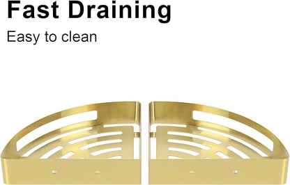 NearMoon Bathroom Shower Caddy 2 Pack, No Drill 304 Stainless Steel Shower Organizer with 2 Hooks (Corner Shelf, Gold)