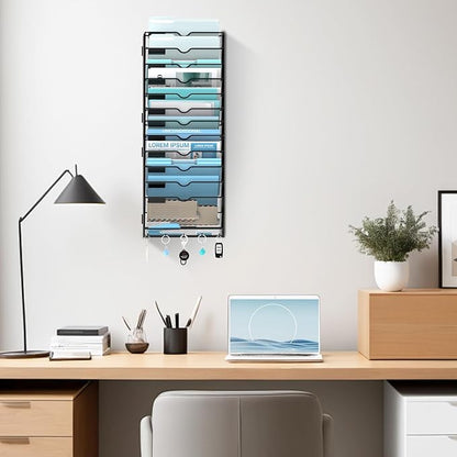 13 Tier Wall File Organizer - Hanging File Organizer with 5 Hooks, Mail Holder Wall Mounted for Papers, Folders, Magazines, Bills, Office&School Organization, Black