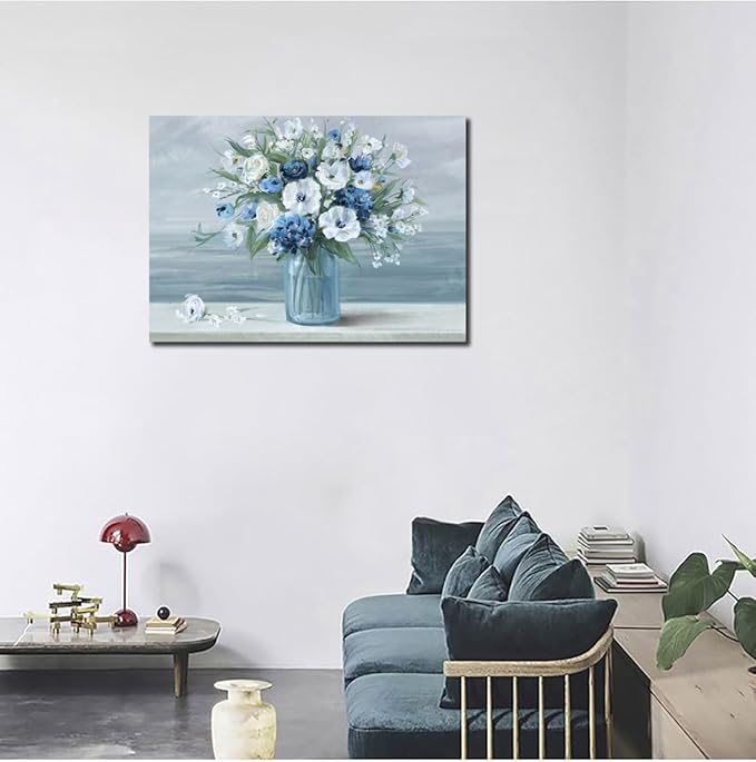 arteWOODS Vintage Flowers Canvas Wall Art Blue White Blossom Painting Retro Flowers in Vase Pictures Blue Ocean Seagull Background Artwork Prints for Bathroom Bedroom Wall Decor 28" X 20"