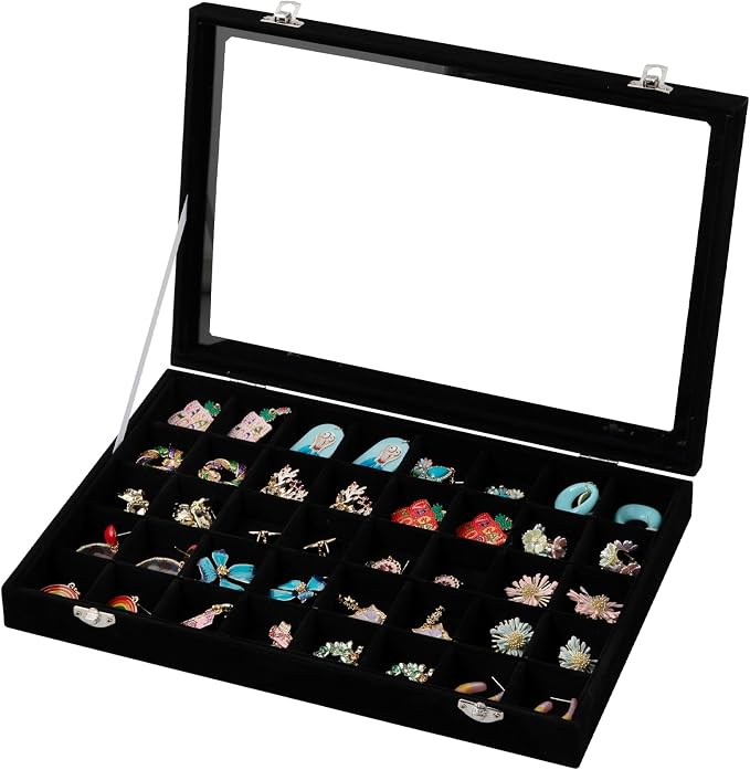 Frebeauty 40 Grid Jewelry Tray,Adjustable Earring Holder Organizer with Glass Lid,Velvet Drawer Jewelry Organizer for Rings,Studs,13.8 x 9.5 x 2 Inches Jewelry Display Box,Gift for Women(Black)