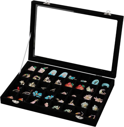 Frebeauty 40 Grid Jewelry Tray,Adjustable Earring Holder Organizer with Glass Lid,Velvet Drawer Jewelry Organizer for Rings,Studs,13.8 x 9.5 x 2 Inches Jewelry Display Box,Gift for Women(Black)