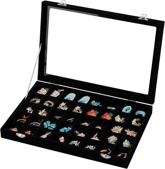 Frebeauty 40 Grid Jewelry Tray,Adjustable Earring Holder Organizer with Glass Lid,Velvet Drawer Jewelry Organizer for Rings,Studs,13.8 x 9.5 x 2 Inches Jewelry Display Box,Gift for Women(Black)