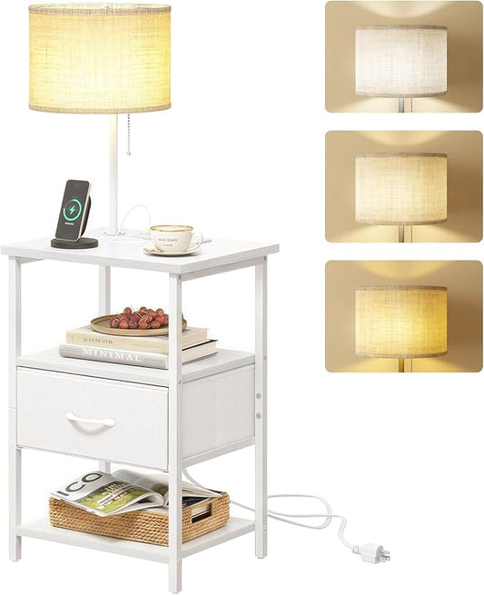 Fixwal Bedside Table with 3 Color Temperatures Bulb Attached, Nightstand with Charging Station and Lights, End Table with Fabric Drawer for Bedroom & Dorm (White)