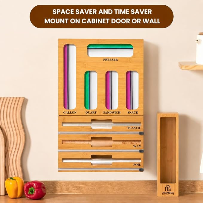 9-in-1 Bamboo Kitchen Drawer Organizer - Storage Bag Holder with Built-In Foil & Wrap Cutter Dispenser - Wooden Food Storage Bag Organizer for Gallon, Quart, Sandwich and Snack Sizes