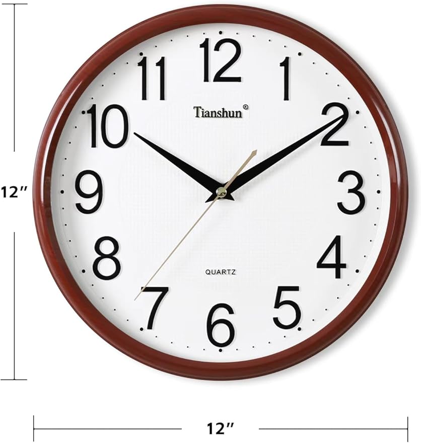 Wall Clock Silent Non-Ticking Battery Operated 12 Inch Wood Grain Large Easy to Read 3D Numbers for Office Living Room Bedroom Kitchen (Cherry Wood)
