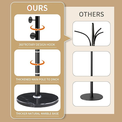 Modern Metal Coat Rack Stand with Natural Marble Base, Heavy Duty Coat Rack Freestanding with 8 Hooks, BlackStanding Coat Racks Hall Tree Stand for Bag, Jacket, Entryway Office