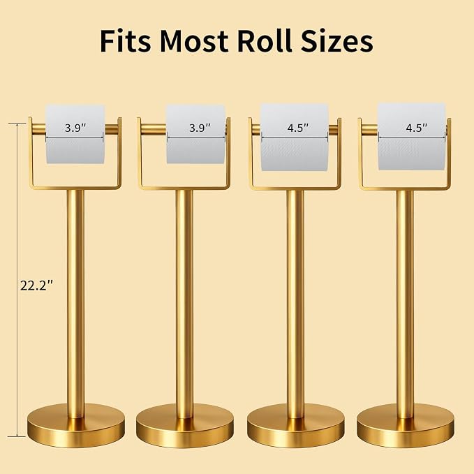 YUMORE Toilet Paper Holder Free Standing, Stainless Steel Toilet Paper Stand, Weighted Base Floor Tissue Roll Holder for Bathroom,Gold 200UP