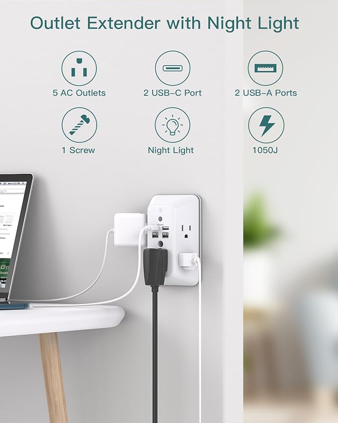 Surge Protector, Outlet Extender with Night Light, Addtam 5-Outlet Splitter and 4 USB Ports(PD 20W), Multi Plug Wall Outlet Power Strip for Home Office Dorm Room Essentials