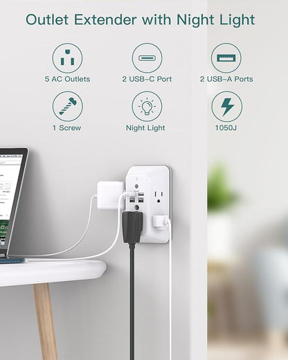 Surge Protector, Outlet Extender with Night Light, Addtam 5-Outlet Splitter and 4 USB Ports(2 USB C), USB Wall Charger Power Strip, Multi Plug Outlet for Home, Office, School, ETL Listed