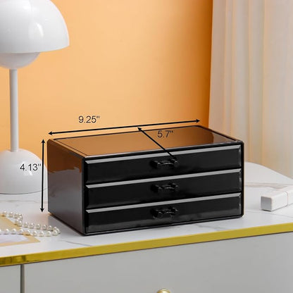YUFONG Necklace Holder Organizer, Dustproof Necklace Box Velvet Necklace Organizer Box with Lid Clear Acrylic Dustproof Stackable Jewelry Displays for Necklaces Chain Display (Black Black, 3 Drawer)