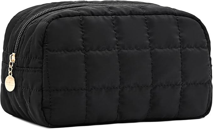 Makeup Bag for Women, Travel Cosmetic Bag Organizer with Compartments, Quilted Puffy Toiletry Pouch for Brushes, Essentials and Accessories, Black