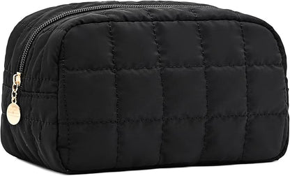 Makeup Bag for Women, Travel Cosmetic Bag Organizer with Compartments, Quilted Puffy Toiletry Pouch for Brushes, Essentials and Accessories, Black