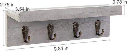 Rustic Key Holder for Wall, Farmhouse Wall Shelf with 4 Hooks, Wall Mounted Key Racks, Wooden Mail Organizer with Hooks for Entryway (Grey)