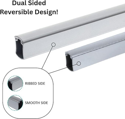 Premium hourglass closet rod - custom cut to size. Hourglass shaped wardrobe tube, protective top cover, seamless and reversible with ribbed and smooth sides. (Matte Chrome)