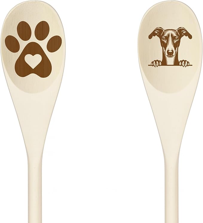 ITALIAN GREYHOUND Wooden Spoons for Cooking, Serving or Decorative Kitchen Utensils Set Dog Lover Dog Mom/Dad Gift with Peeking Dog Designs, Paw Print and Dog Head, Kitchen Utensils Set of 2