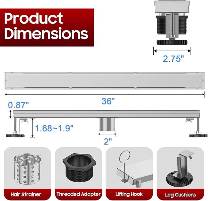 DLONE Linear Shower Drain | 36" AISI 304 Stainless Steel Linear Drain, Brushed Nickel Shower Drain with Tile Insert Panel & Adjustable Feet, Long Rectangle Shower Floor Drain in Bathroom, Balcony etc
