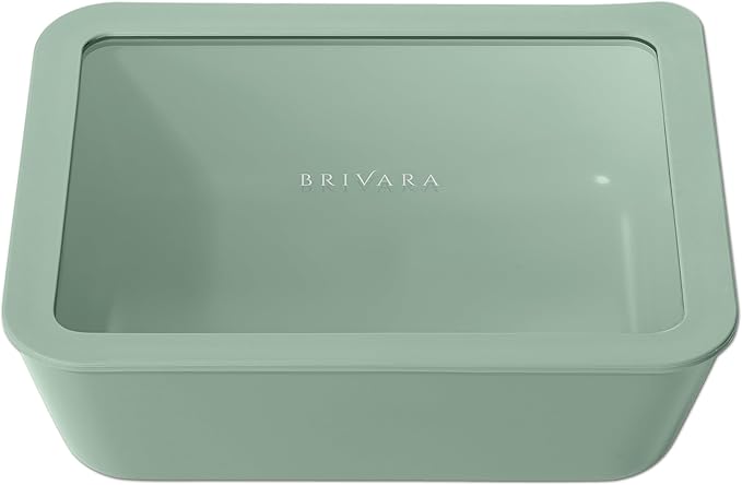 BRIVARA HOME Ceramic Coated Glass Food Storage Container | No PTFE, PFOA, PFAS, and BPA | Reusable Non Toxic Meal Prep Container with Glass Lid | Easy To Store | 11 Cup Rectangle [Willow]